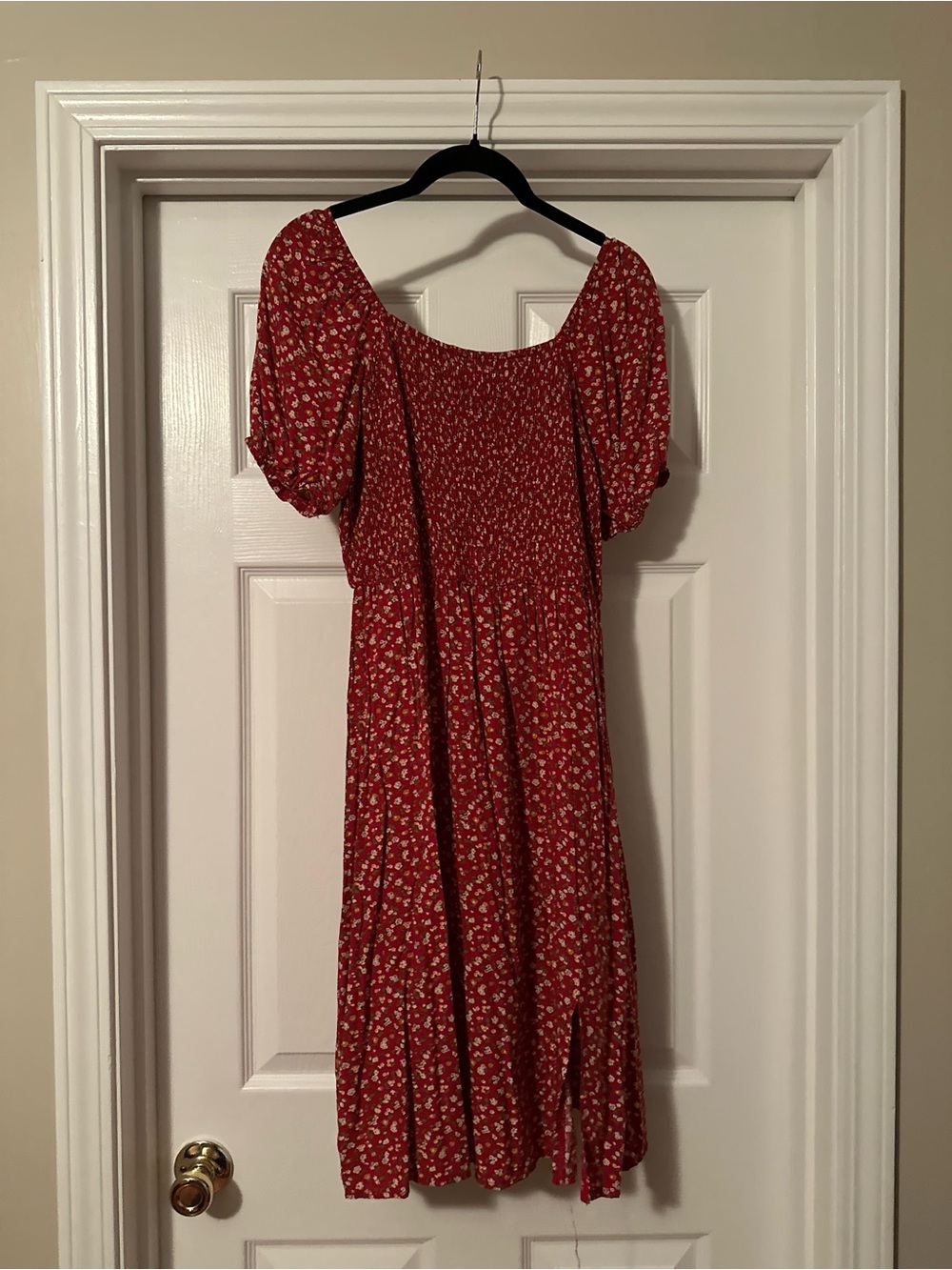 Red Floral Shirred Midi Dress